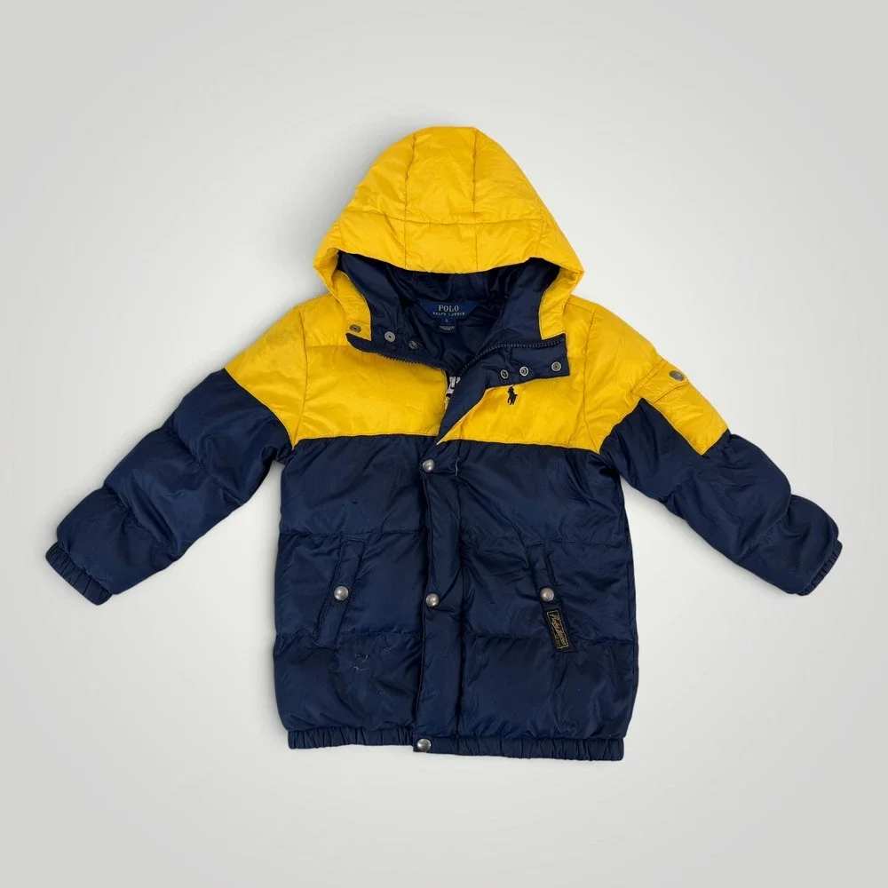 Polo Ralph Lauren Kids Navy Yellow Colorblock Down Puffer Jacket Size 5